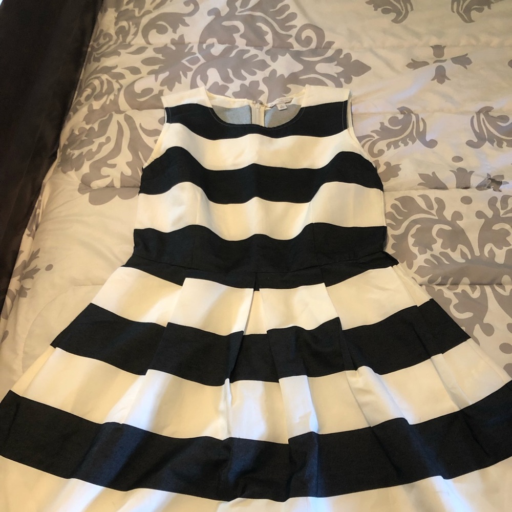 Navy & White zip back pleated dress
